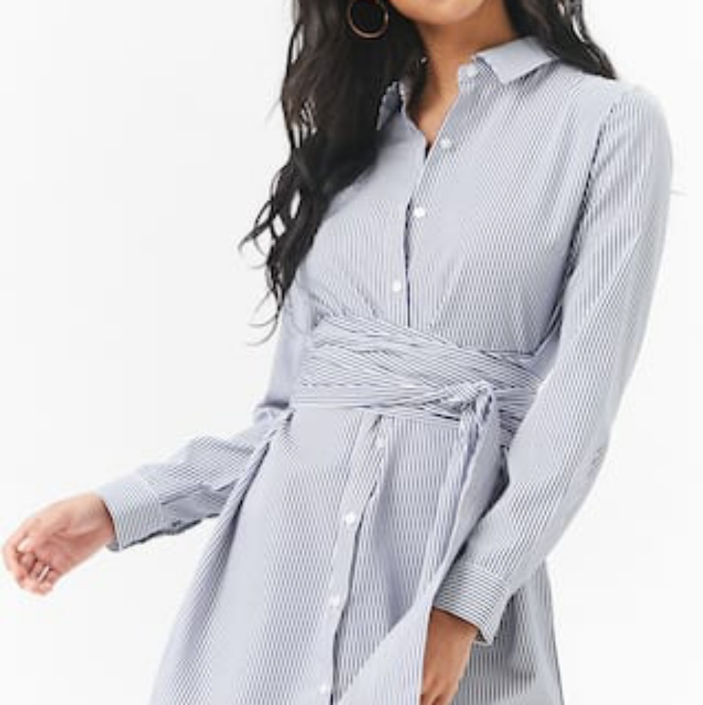 Forever 21 Striped Poplin Self-Tie Shirt Dress